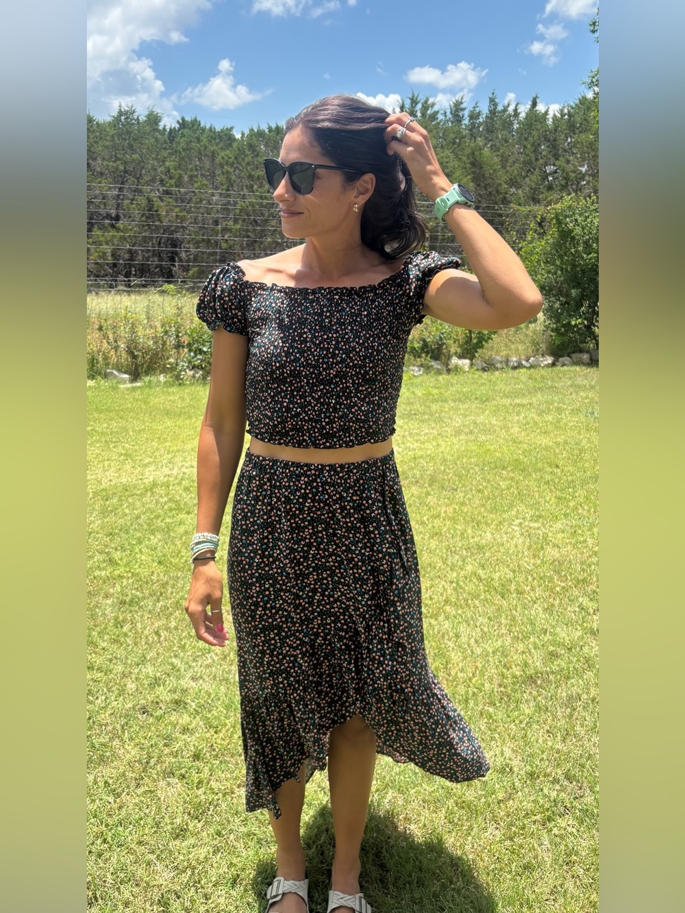 Floral Black Midi Skirt and smocked top — Lightweight Summer Style